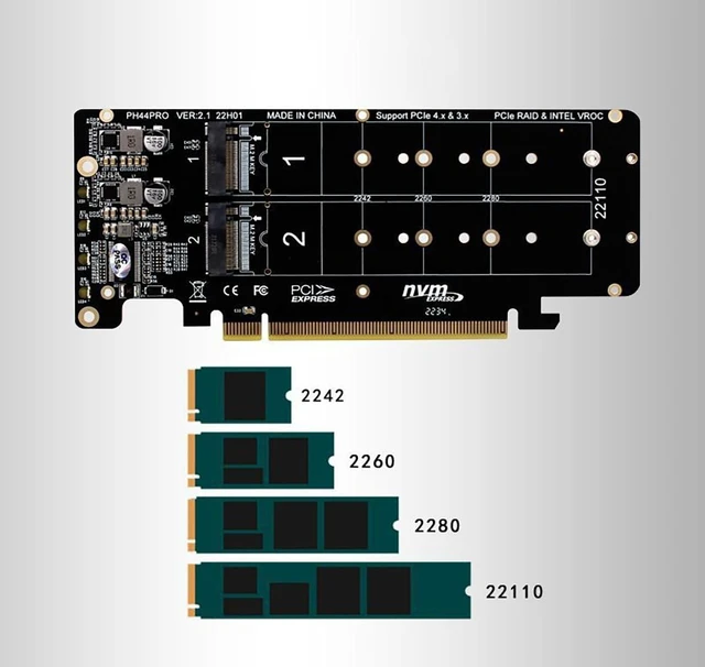 Alt view image 4 of 5 - PH44PRO Dual-Sided 4* M.2 M-Key NVME to PCIe X16 Splitter Card 4 * 32Gbps 2U Server RAID Array Expansion Adapter Support 2242 2260 2280 22110 SSD