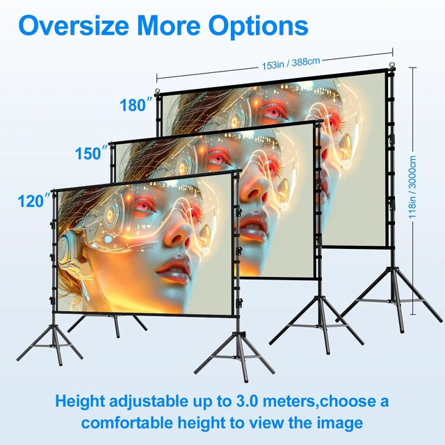 Alt view image 5 of 5 - 200 inch Projector Screen with Stand,Portable Heavy Duty Bracket Projector Screen 16:9 4K HD Rear Front Projection Movie Screen with Carry Bag Support Height Adjustable Stand for Home Theater