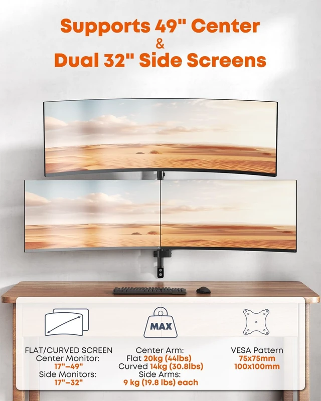 Alt view image 2 of 5 - PUTORSEN Triple Monitor Wall Mount for Up to 49" Screens, Holds 44 lbs