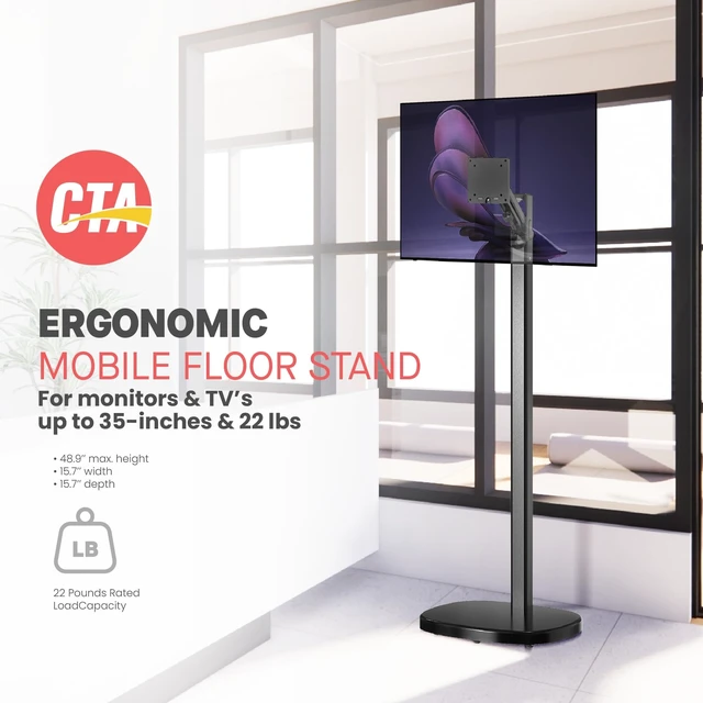 Alt view image 3 of 5 - CTA Ergonomic Floor Stand for Monitors & TVs Up to 35-inches & 22 lbs - Mobile Stand with Anti-Knockdown Base & Height Adjustable - Commercial Grade - Black - (ADD-MSADFSB)