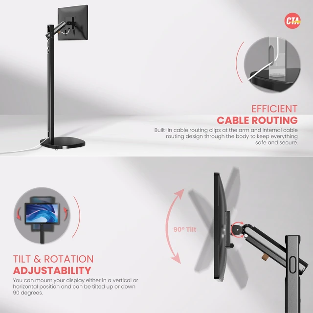Alt view image 4 of 5 - CTA Ergonomic Floor Stand for Monitors & TVs Up to 35-inches & 22 lbs - Mobile Stand with Anti-Knockdown Base & Height Adjustable - Commercial Grade - Black - (ADD-MSADFSB)