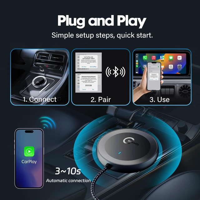 Alt view image 3 of 5 - HnKeyjx Wireless CarPlay Adapter Android Auto Wireless Adapter 2 in 1 2026 Upgraded, Converting Factory Car Wired CarPlay/Android Auto to Wireless, Applicable Phones with iOS 10+
