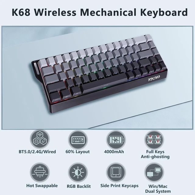 Alt view image 2 of 5 - Adventurers WIN68 60% Mechanical Gaming Keyboard,BT5.0/2.4GHz/USB-C