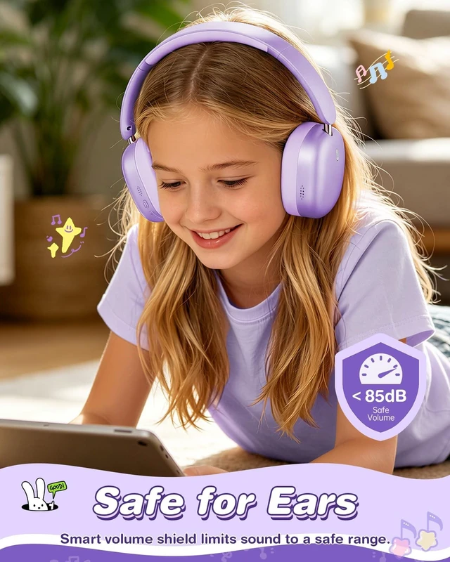 Alt view image 2 of 5 - Wentronic Kids Headphones Wireless Bluetooth 5.4,Foldable Over Ear Headphones with 3.5mm Wired Mode,Safe Volume Limit,48H Playtime,Clear Calls,HD Sound for Toddlers/Children/School/Travel,Purpl