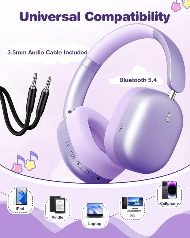 Alt view image 3 of 5 - Wentronic Kids Headphones Wireless Bluetooth 5.4,Foldable Over Ear Headphones with 3.5mm Wired Mode,Safe Volume Limit,48H Playtime,Clear Calls,HD Sound for Toddlers/Children/School/Travel,Purpl