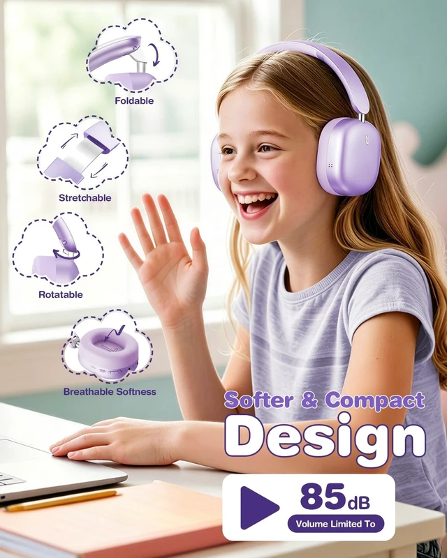 Alt view image 5 of 5 - Wentronic Kids Headphones Wireless Bluetooth 5.4,Foldable Over Ear Headphones with 3.5mm Wired Mode,Safe Volume Limit,48H Playtime,Clear Calls,HD Sound for Toddlers/Children/School/Travel,Purpl