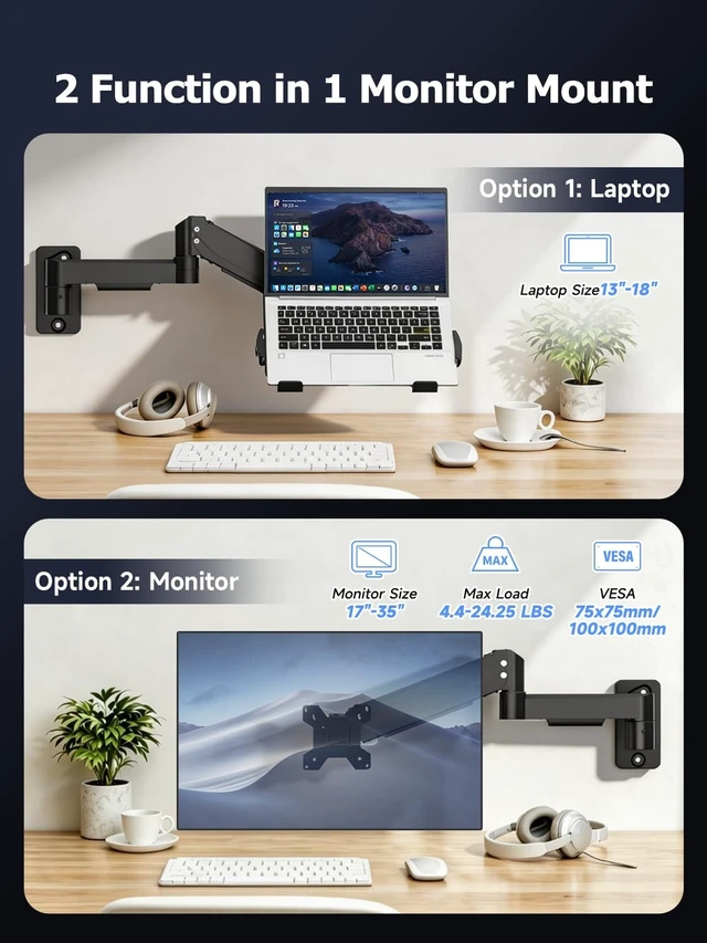 Alt view image 2 of 5 - suptek Single Monitor Wall Mount with Laptop Tray for 13 to 18 Inch, Gas Spring Monitor Arm Wall Mount Holds Up to 11KG/24lbs, Full Motion Adjustable,VESA Mount 75x75/100x100mm