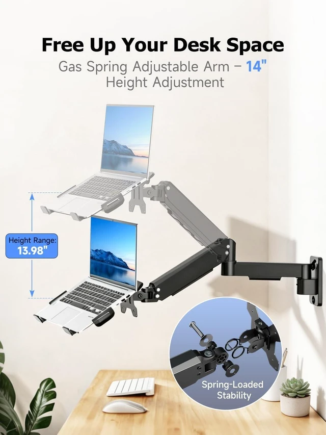 Alt view image 4 of 5 - suptek Single Monitor Wall Mount with Laptop Tray for 13 to 18 Inch, Gas Spring Monitor Arm Wall Mount Holds Up to 11KG/24lbs, Full Motion Adjustable,VESA Mount 75x75/100x100mm