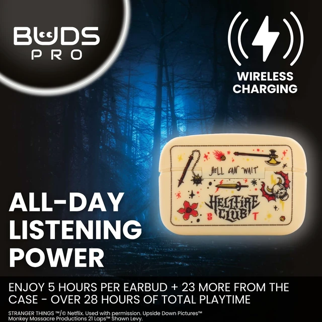 Alt view image 3 of 5 - Buds Pro Stranger Things Hellfire Club Wireless Bluetooth EarBuds & Phone Holder - In Ear Headphones with Microphone, 28+ Hours Playtime, Active Noise Cancelling Earbuds, IPX4 Rating & Charging