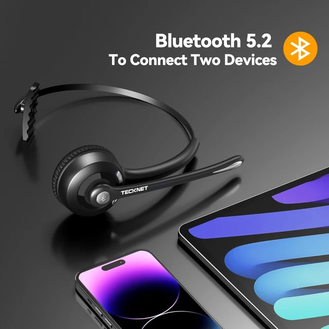 Alt view image 3 of 5 - TECKNET Wireless Bluetooth Headset with Noise Cancelling Microphone, Single Ear On-Ear Headphones with Mute Button, Trucker Bluetooth Headset for Driving, Work, Office & Zoom Calls