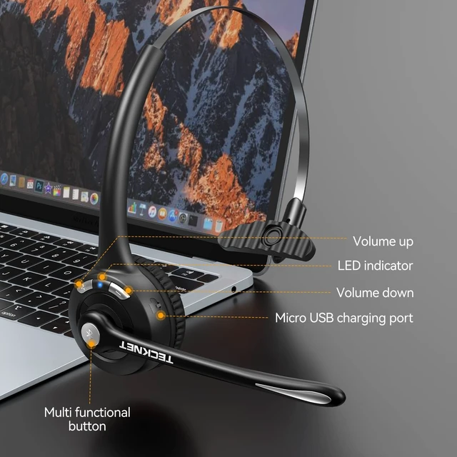 Alt view image 4 of 5 - TECKNET Wireless Bluetooth Headset with Noise Cancelling Microphone, Single Ear On-Ear Headphones with Mute Button, Trucker Bluetooth Headset for Driving, Work, Office & Zoom Calls