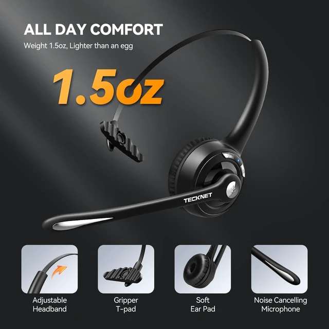 Alt view image 5 of 5 - TECKNET Wireless Bluetooth Headset with Noise Cancelling Microphone, Single Ear On-Ear Headphones with Mute Button, Trucker Bluetooth Headset for Driving, Work, Office & Zoom Calls