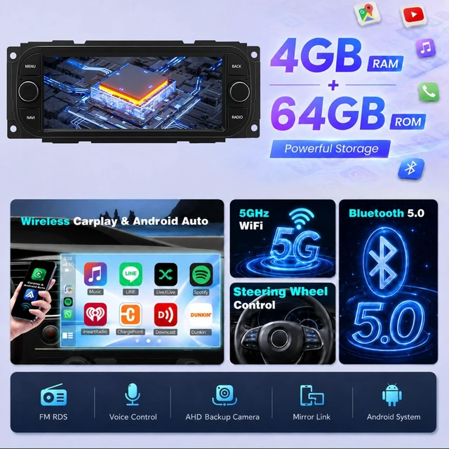 Alt view image 4 of 5 - Upgrcaru 4+64G Car Radio for Dodge RAM 2002-2006/Jeep Wrangler 2003-2006