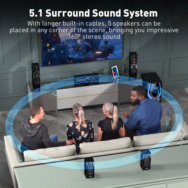 Alt view image 2 of 5 - Bobtot Surround Sound Speakers 1200W Peak Power Home Theater System with RGB Lights - 10" Subwoofer 5.1/2.1 Wired Stereo System Strong Bass Bluetooth Input Home Audio System