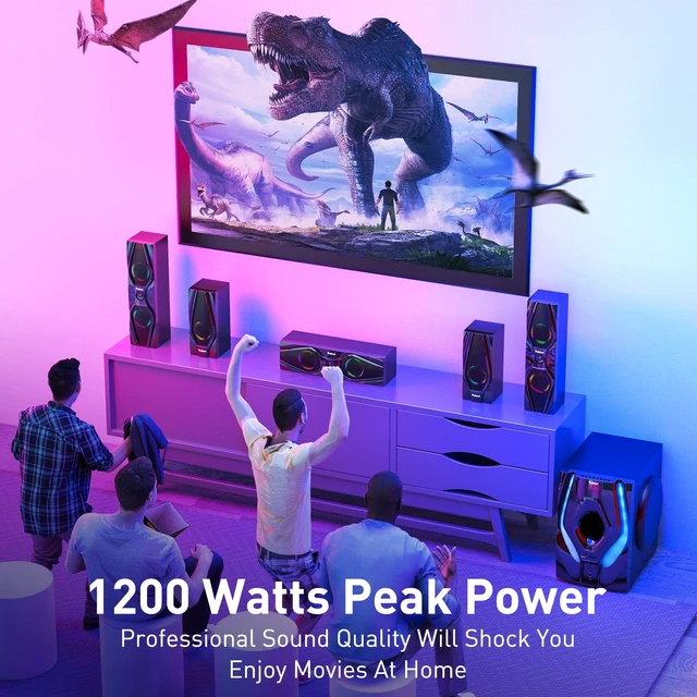 Alt view image 3 of 5 - Bobtot Surround Sound Speakers 1200W Peak Power Home Theater System with RGB Lights - 10" Subwoofer 5.1/2.1 Wired Stereo System Strong Bass Bluetooth Input Home Audio System