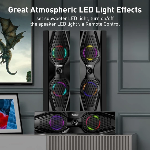 Alt view image 4 of 5 - Bobtot Surround Sound Speakers 1200W Peak Power Home Theater System with RGB Lights - 10" Subwoofer 5.1/2.1 Wired Stereo System Strong Bass Bluetooth Input Home Audio System