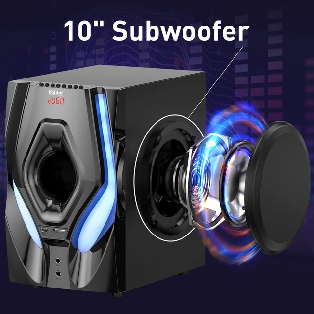 Alt view image 5 of 5 - Bobtot Surround Sound Speakers 1200W Peak Power Home Theater System with RGB Lights - 10" Subwoofer 5.1/2.1 Wired Stereo System Strong Bass Bluetooth Input Home Audio System