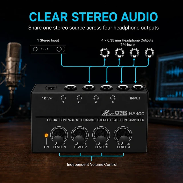 Alt view image 3 of 5 - EAJONC 4-Channel 6.35mm Stereo Headphone Amplifier with Volume Control