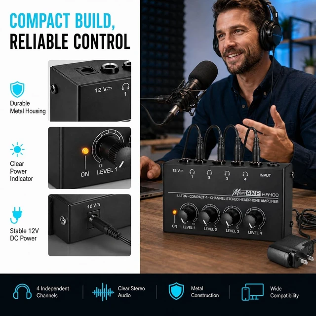 Alt view image 4 of 5 - EAJONC 4-Channel 6.35mm Stereo Headphone Amplifier with Volume Control