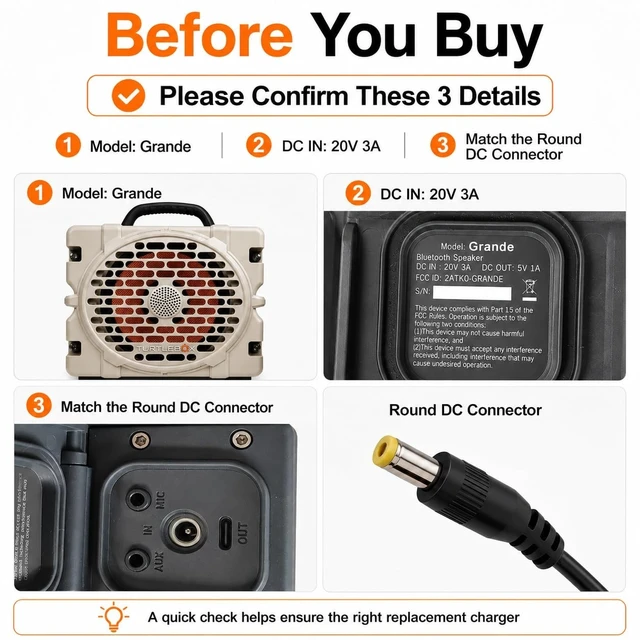 Alt view image 5 of 5 - 20V Charger for Turtlebox Grande Loud, GQ48-200300-AU Power Supply Adapter