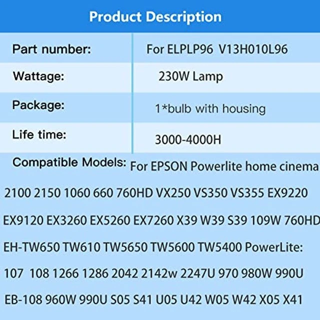Alt view image 4 of 5 - LBTbate Suitable for ELPLP96 Replacement Projector Bulb for Epson Powerlite Home Cinema 2150 1060 660 760hd 2100 X39 W39 S39 109W VS250 VS350 VS355 EX9210 EX9220 EX3260 EX5260 EX7260 V13H010L96 Lamp