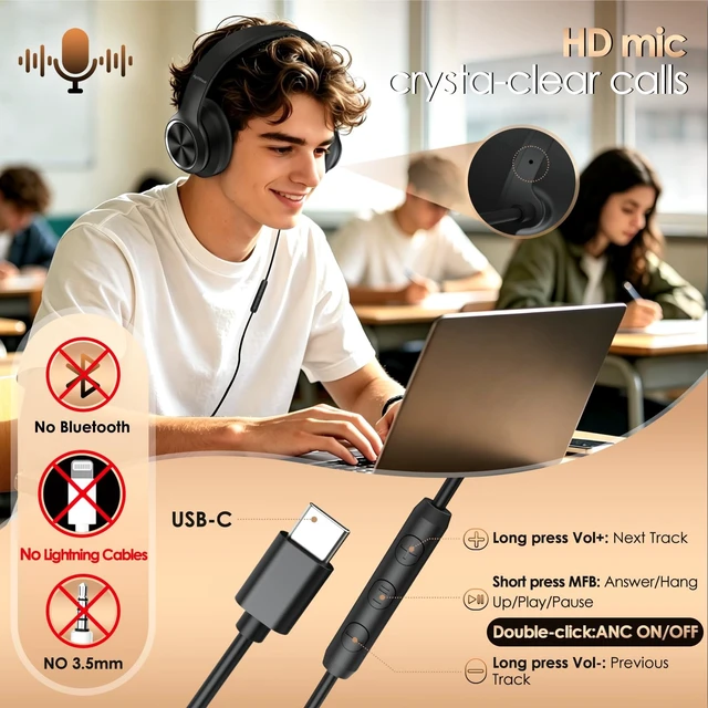 Alt view image 5 of 5 - Active Noise Cancelling Headphones, USB C Headphone Wired Over Ear with Mic