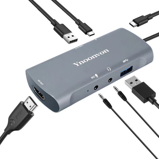 Main image of Ynoonvon 6-in-1 USB-C Video Capture Card Docking Station, 4K HDMI Loop-Out, 1080p 60fps Record, PD 60W Charge, USB 3.0, Audio Mic Jack. Portable Game Link for Switch, Phone, Laptop, Pi 5