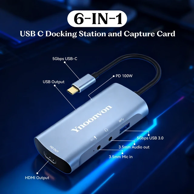 Alt view image 2 of 5 - Ynoonvon 6-in-1 USB-C Video Capture Card Docking Station, 4K HDMI Loop-Out, 1080p 60fps Record, PD 60W Charge, USB 3.0, Audio Mic Jack. Portable Game Link for Switch, Phone, Laptop, Pi 5