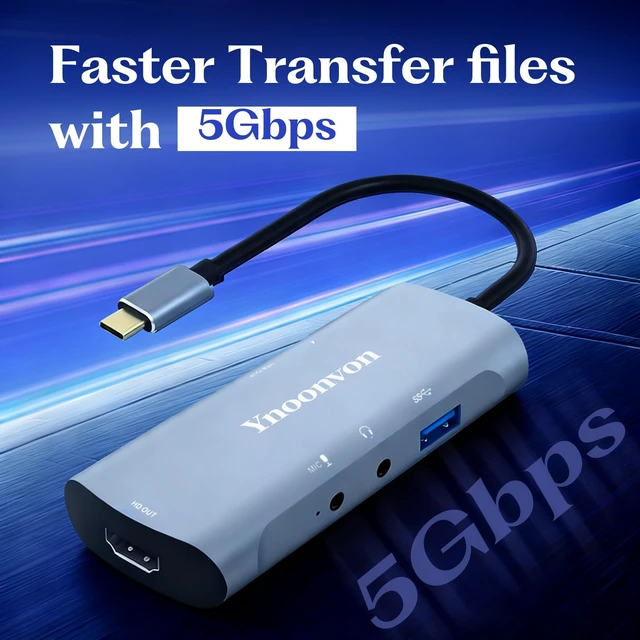 Alt view image 4 of 5 - Ynoonvon 6-in-1 USB-C Video Capture Card Docking Station, 4K HDMI Loop-Out, 1080p 60fps Record, PD 60W Charge, USB 3.0, Audio Mic Jack. Portable Game Link for Switch, Phone, Laptop, Pi 5