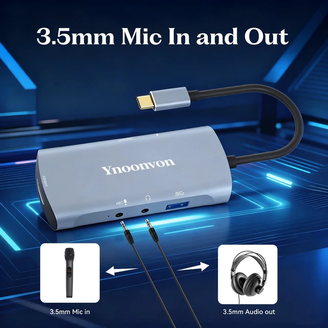 Alt view image 5 of 5 - Ynoonvon 6-in-1 USB-C Video Capture Card Docking Station, 4K HDMI Loop-Out, 1080p 60fps Record, PD 60W Charge, USB 3.0, Audio Mic Jack. Portable Game Link for Switch, Phone, Laptop, Pi 5