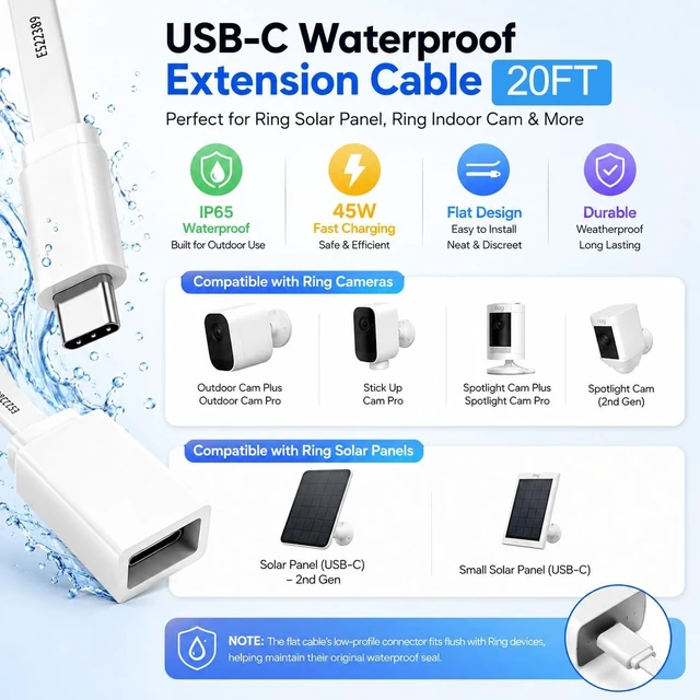 Alt view image 2 of 5 - 20FT USB C Extension Cable for Ring Solar Panel-Waterproof Long Extender