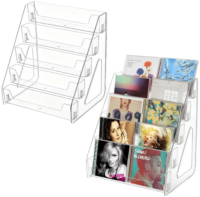 Main image of HFYZZ 2 Pack Clear Acrylic CD Display Rack - 5-Tier Cascading CD Storage Organizer DVD Case Holder Holds Up to 30 CD Jewel Cases for Music, Postcards, Cosmetics