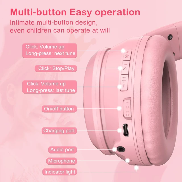 Alt view image 3 of 5 - SIMGAL Bluetooth RGB Cat Ear Headphones, Foldable/Built-in Mic, A Pink