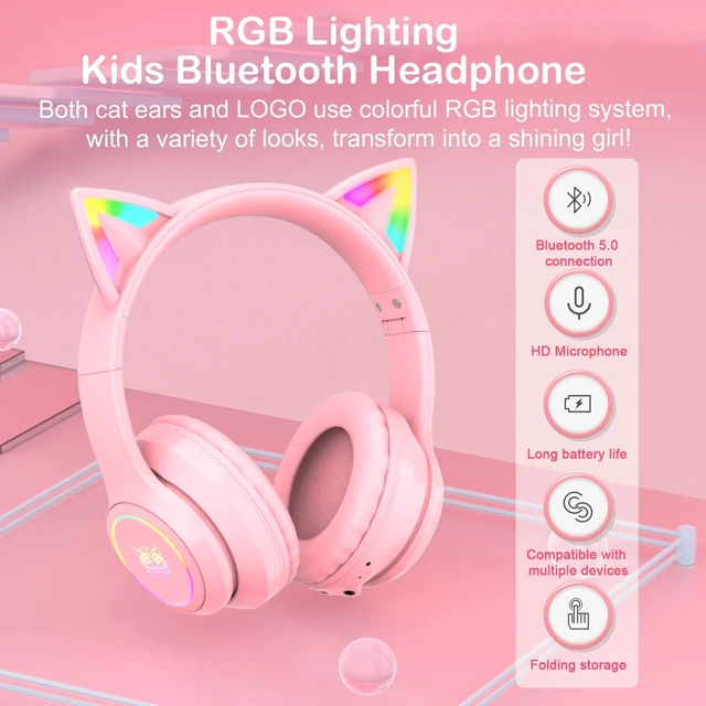 Alt view image 5 of 5 - SIMGAL Bluetooth RGB Cat Ear Headphones, Foldable/Built-in Mic, A Pink