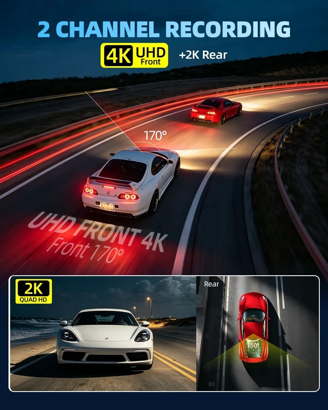 Alt view image 3 of 5 - 4K+2K Dual Channel Dash Cam Front and Rear, 64GB Card Included, Dash Camera for Cars 5.8G/2.4G Dual WiFi, Built-in GPS and G-Sensor,Night Vision, WDR, 170 Wide Angle, 24H Parking Monitor