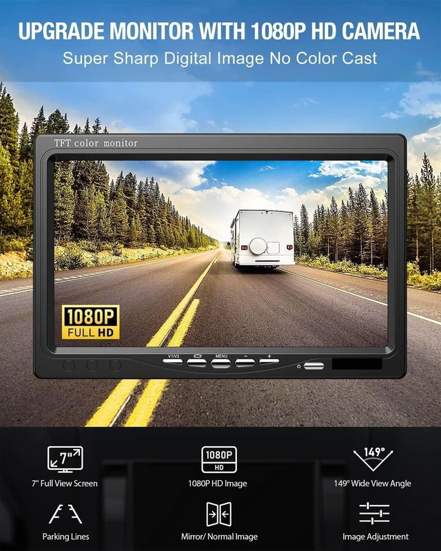 Alt view image 3 of 5 - HD 1080P RV Backup Camera System 7" Monitor with 2 Rear Side View Camera Easy Installation IP69 Waterproof Colour HD Night Vision for RV Truck Trailer Tractor