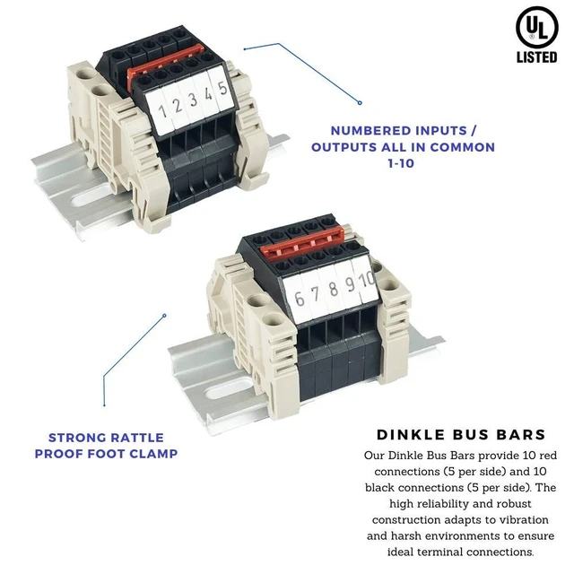 Alt view image 3 of 5 - ICI Dinkle Bus Bar Power Distribution Quick Connections Red Black Labeled Finger Safe 600V 20A 12-22AWG Marine Busbar Bussbar Buss 20 Positions