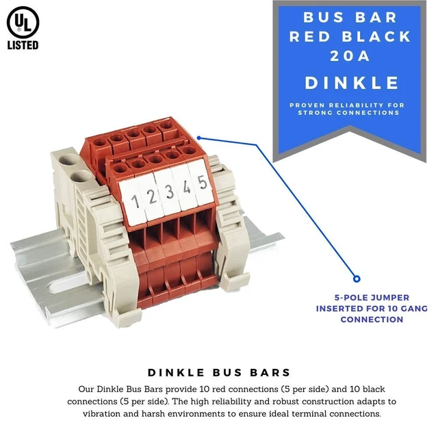 Alt view image 4 of 5 - ICI Dinkle Bus Bar Power Distribution Quick Connections Red Black Labeled Finger Safe 600V 20A 12-22AWG Marine Busbar Bussbar Buss 20 Positions