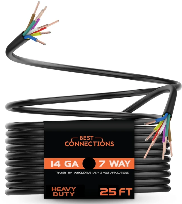 Main image of BEST CONNECTIONS 7 Way Trailer Wire (25 Feet) Heavy Duty 14 Gauge 7 Conductor Insulated Cable Durable, Weatherproof, Color-Coded 7 Way Trailer Wiring Extension for RV Trailer and Automotive