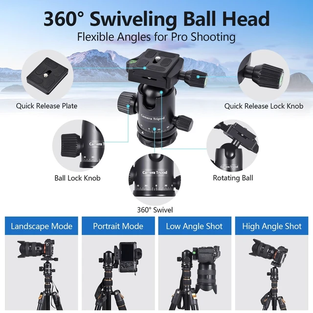 Alt view image 2 of 5 - ABOVINOL ABOVINOL 76.38" Camera Tripod, 11lb Load Lightweight Aluminum Travel Stand, Quick Release, Adjustable 18.5"-76.38", fits DSLR mirrorless Phones; 3.7lbs for Photography, Live Stream, Black