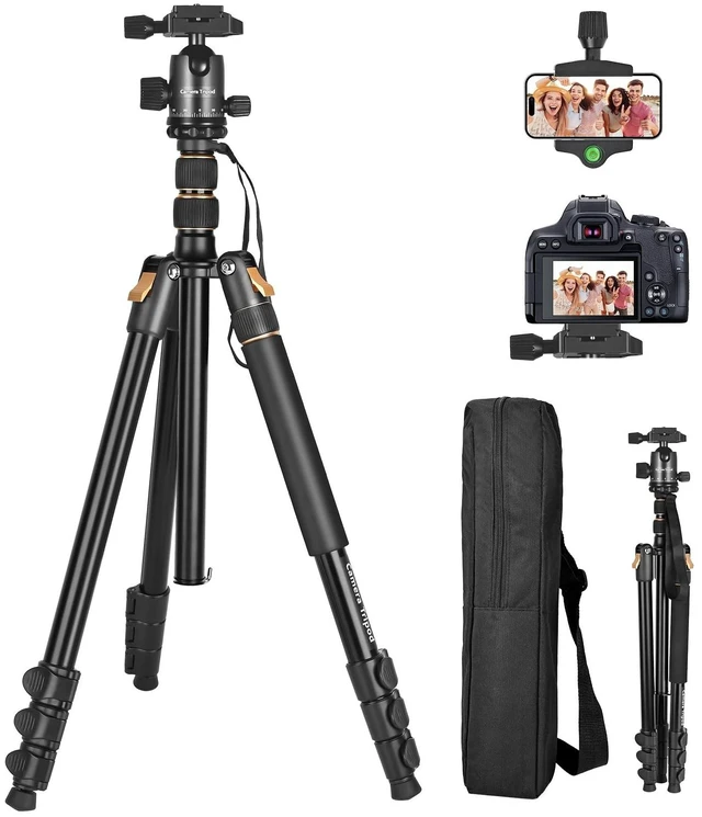 Main image of ABOVINOL ABOVINOL 76.38" Camera Tripod, 11lb Load Lightweight Aluminum Travel Stand, Quick Release, Adjustable 18.5"-76.38", fits DSLR mirrorless Phones; 3.7lbs for Photography, Live Stream, Black