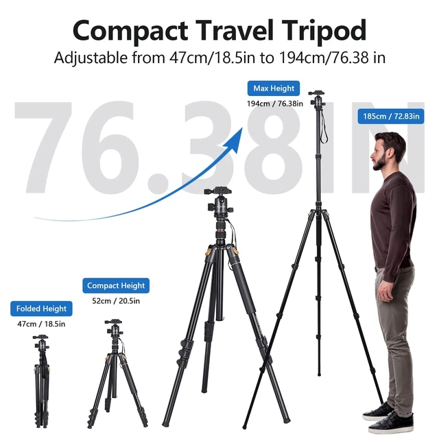 Alt view image 4 of 5 - ABOVINOL ABOVINOL 76.38" Camera Tripod, 11lb Load Lightweight Aluminum Travel Stand, Quick Release, Adjustable 18.5"-76.38", fits DSLR mirrorless Phones; 3.7lbs for Photography, Live Stream, Black