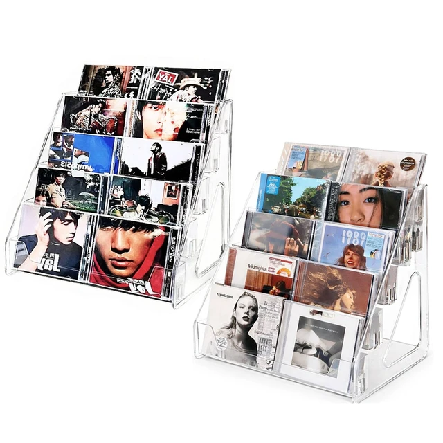 Main image of Avolin Acrylic CD Rack 5-Tier Cascading CD Storage Organizer, Holds Up to 30 CD Jewel Cases, Clear CD & DVD Display Shelf for Music, Postcards & Cosmetics2PC