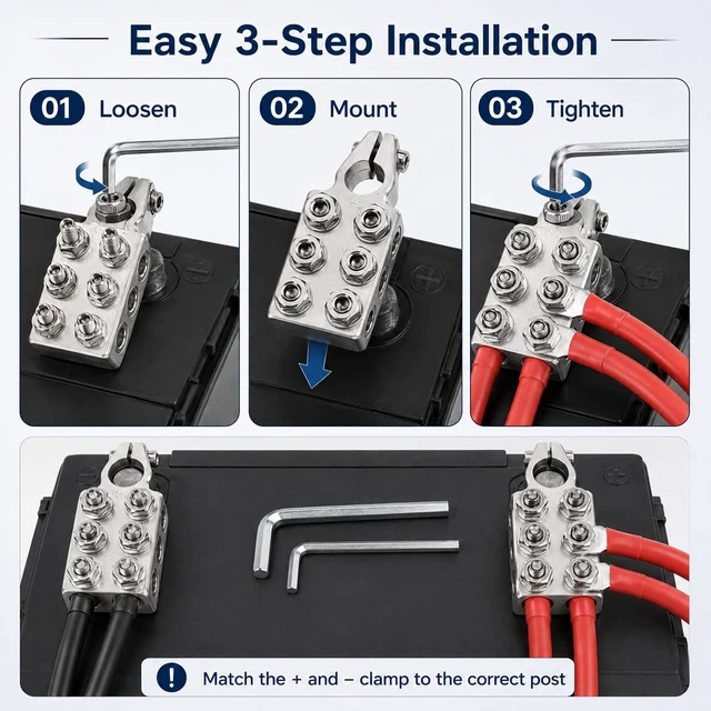 Alt view image 4 of 5 - TTLCFP 12-Way Battery Terminal Connectors, Car Positive & Negative Battery Terminal Clamps for Lead Acid, 8AWG up to 4/0(XL) AWG Terminals Connector for SAE/DIN/EN Tapered Top Post