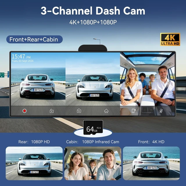 Alt view image 4 of 5 - Largest 11.5'' Wireless A-pple Carplay Screen for Car, Upgrade Carplay & Android Auto HD Touchscreen Car Stereo with 4K Front+1080P Rear & Infrared Cabin Cam and 64GB Card/APP View/Airplay/Siri