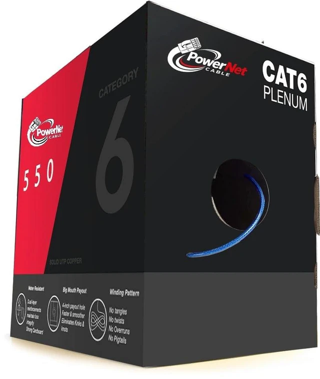 Main image of PowerNet Cable Cat6 Plenum 1000ft CMP ^^ 550MHz 10Gbps UTP Ethernet ^^ DSX-8000 Tested ^^ Fire Retardant ^^ Heavy Duty Box (Blue)