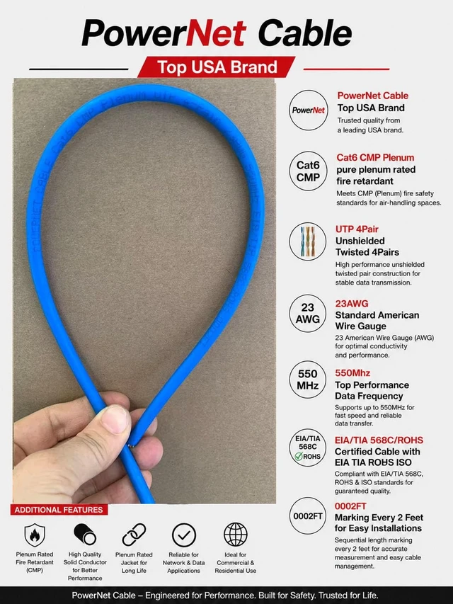 Alt view image 2 of 5 - PowerNet Cable Cat6 Plenum 1000ft CMP ^^ 550MHz 10Gbps UTP Ethernet ^^ DSX-8000 Tested ^^ Fire Retardant ^^ Heavy Duty Box (Blue)