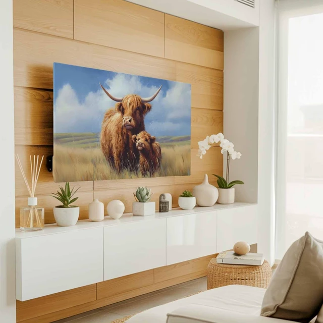 Alt view image 2 of 5 - Highland Cow Indoor TV Cover for 65 Inch Screen, Rustic Art Calf in A Lush Farmhouse Grassland Elastic TV Display Protector Stretch Dust Television Monitor Slipcover for LED LCD