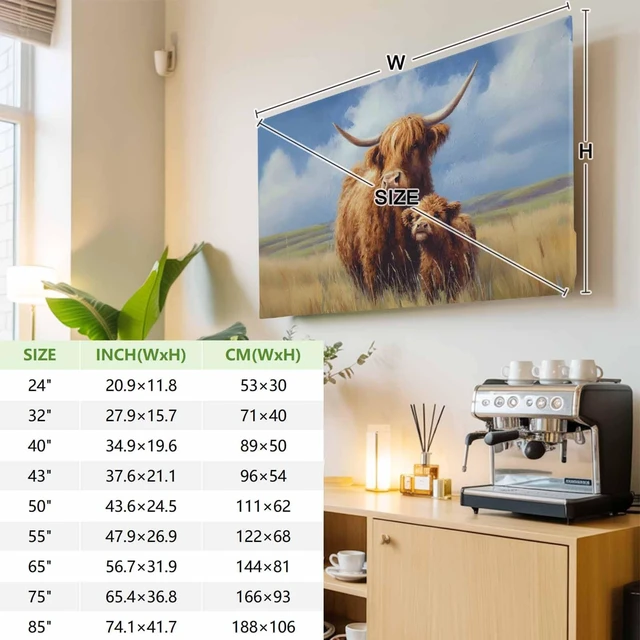 Alt view image 4 of 5 - Highland Cow Indoor TV Cover for 65 Inch Screen, Rustic Art Calf in A Lush Farmhouse Grassland Elastic TV Display Protector Stretch Dust Television Monitor Slipcover for LED LCD