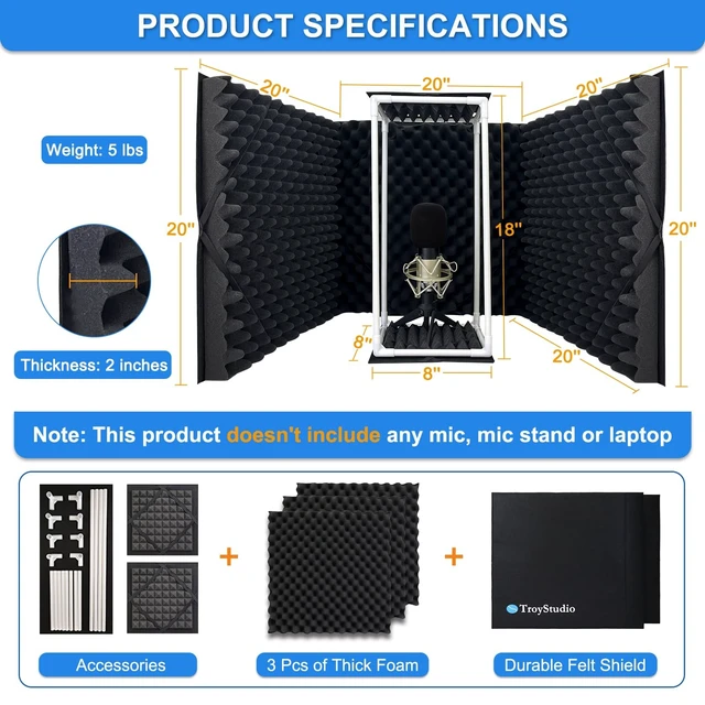 Alt view image 2 of 5 - TroyStudio Large Microphone Isolation Shield, Foldable Vocal Booth Reflection Filter, 2 Inches Thick Acoustic Foam Panel Music Sing Podcast Recording Studio Adjustable Sound Box for Desk & Laptop